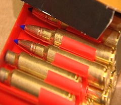 Schachtel mit Munition, zwei der Munitionskapseln sind an der Spitze blau gefärbt