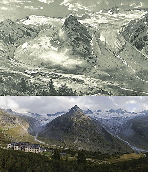 Zillertaler Gletscher auf zwei Fotos, einst und heute