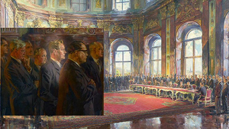 Karl Gruber herausgehoben im Gemälde des Staatsvertrags