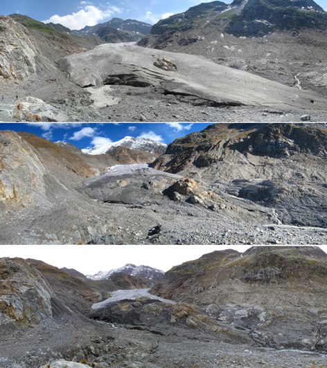 Die Zunge des Gepatsch Ferners aufgenommen am 4. Juli 2012 (oben), 2. Oktober 2013 (Mitte) und 16. September 2014 (unten).