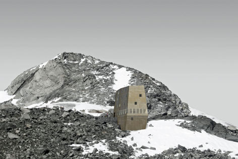 Entwurf einer Hütte (Schwarzensteinhütte) in Form eines Gesteinsbrockens