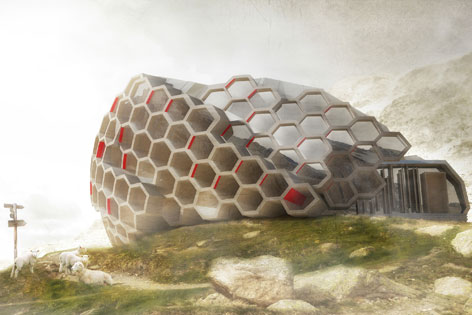 futuristische Hütte in Form einer Bienenwabe