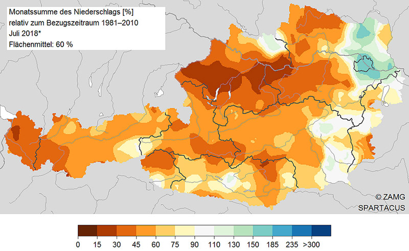 Karte mit Niederschlagsabweichungen in Österreich