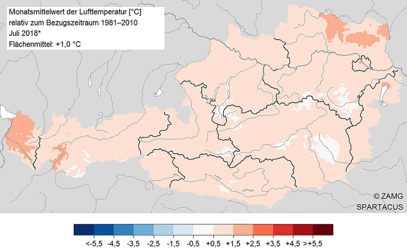 Karte mit Temperaturabweichungen in Österreich